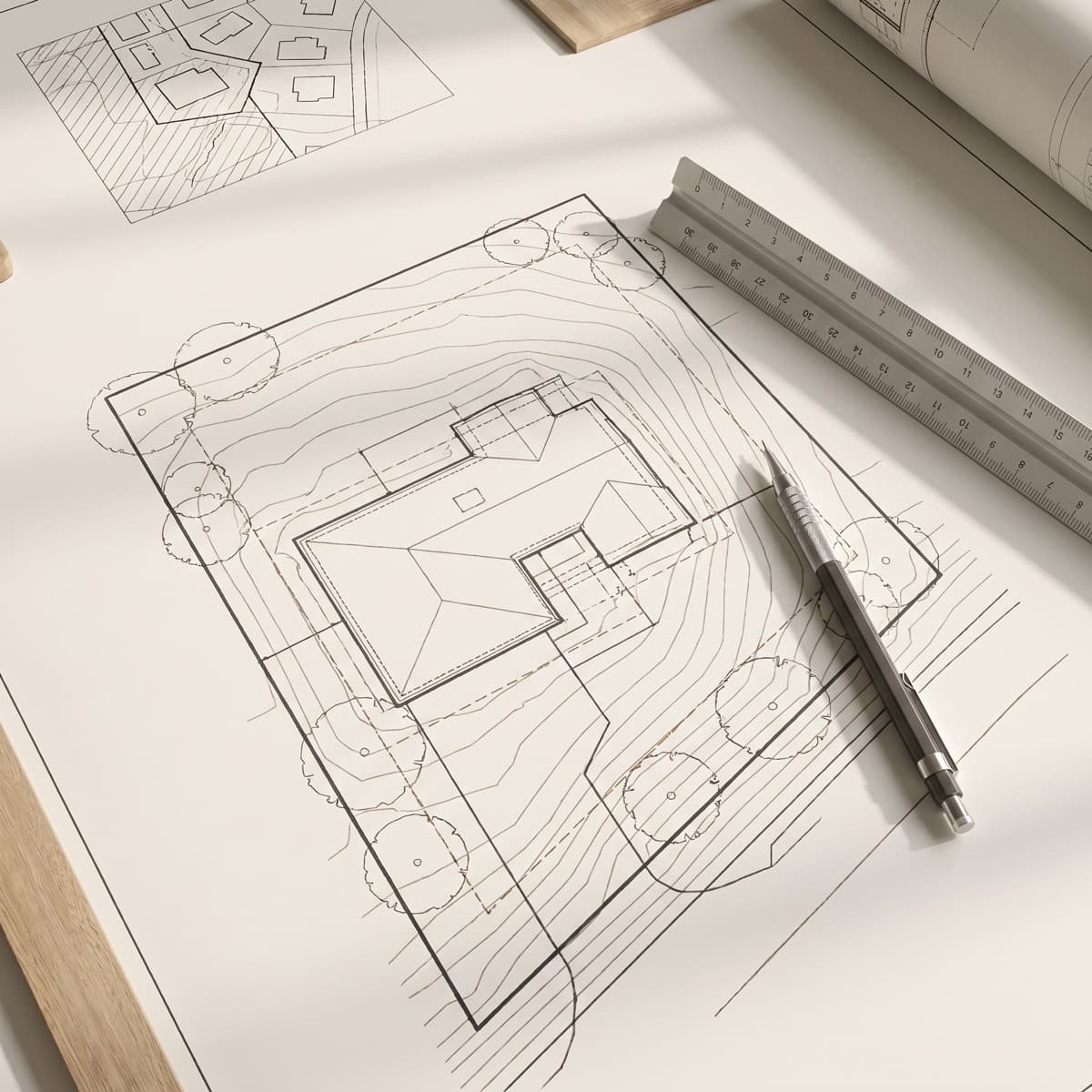 Architectural residential site plan with parcel linework, scale ruler, and pencil