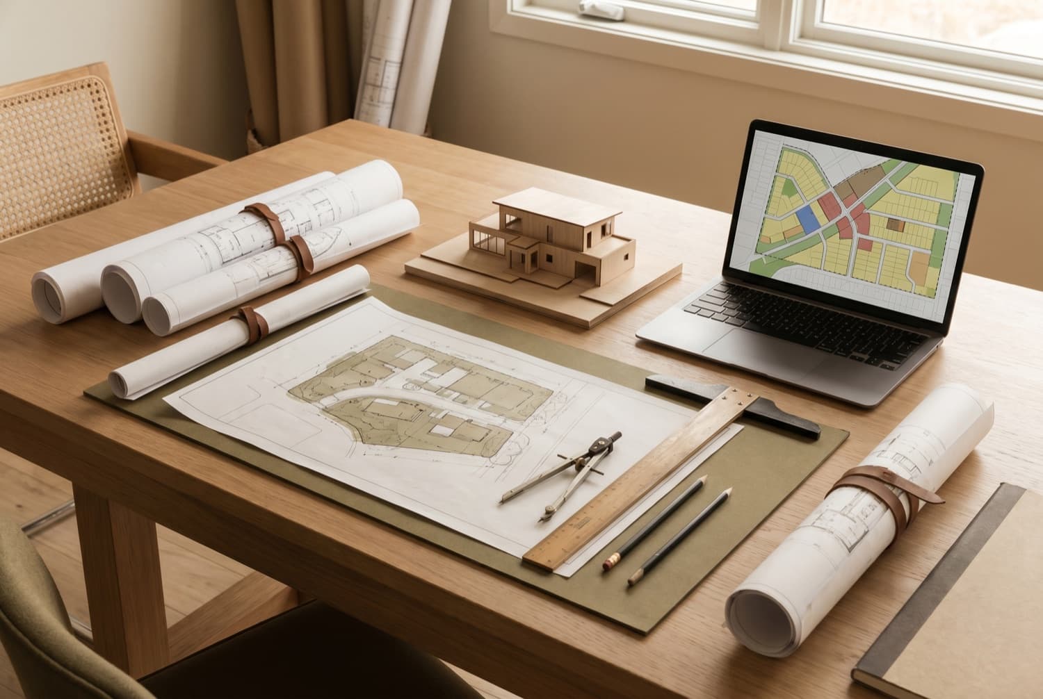 Urban planning studio desk with site plans and a wooden house model